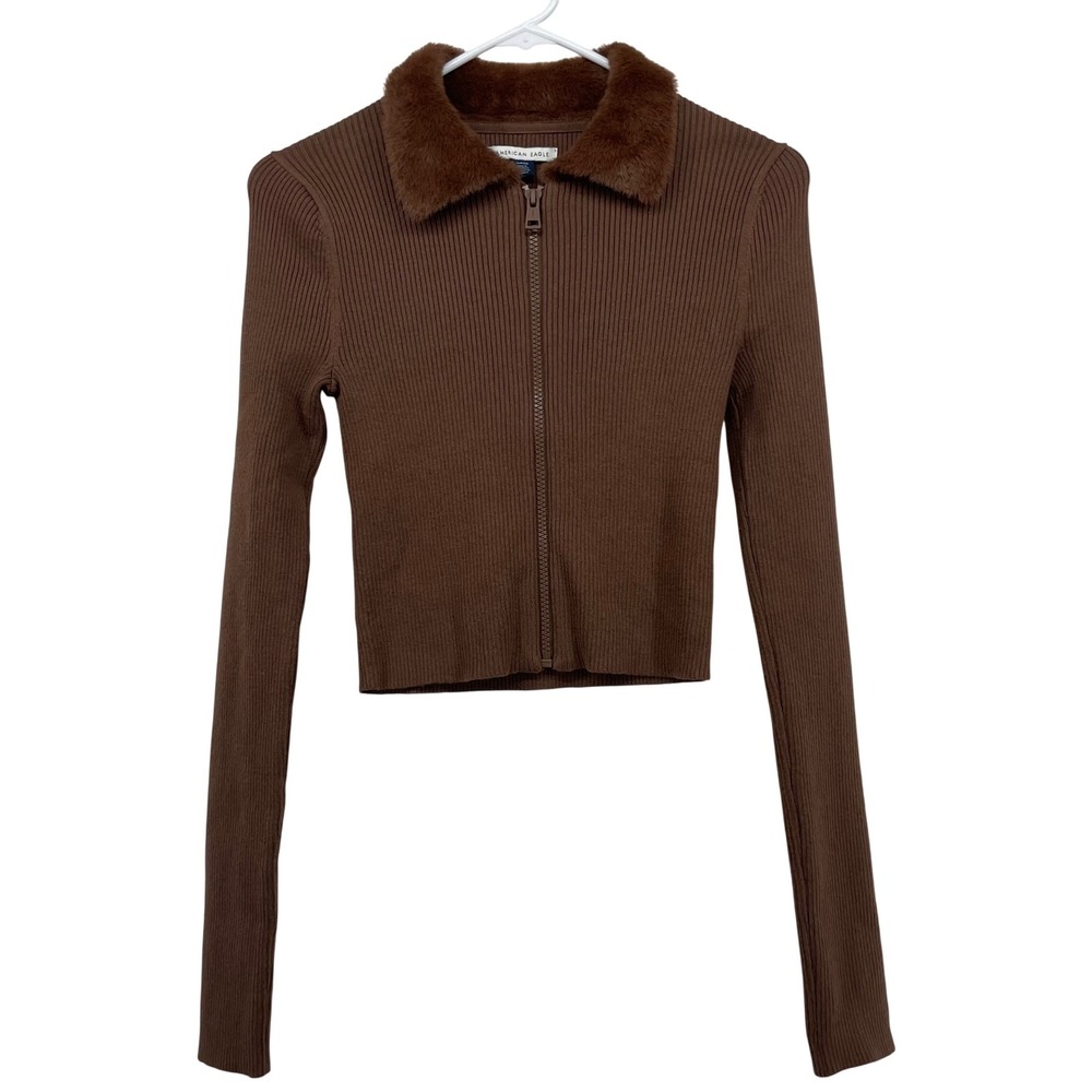 American Eagle Women Size S Zip Up Cardigan Brown Faux Fur Collar Ribbed Sweater - Picture 2 of 8